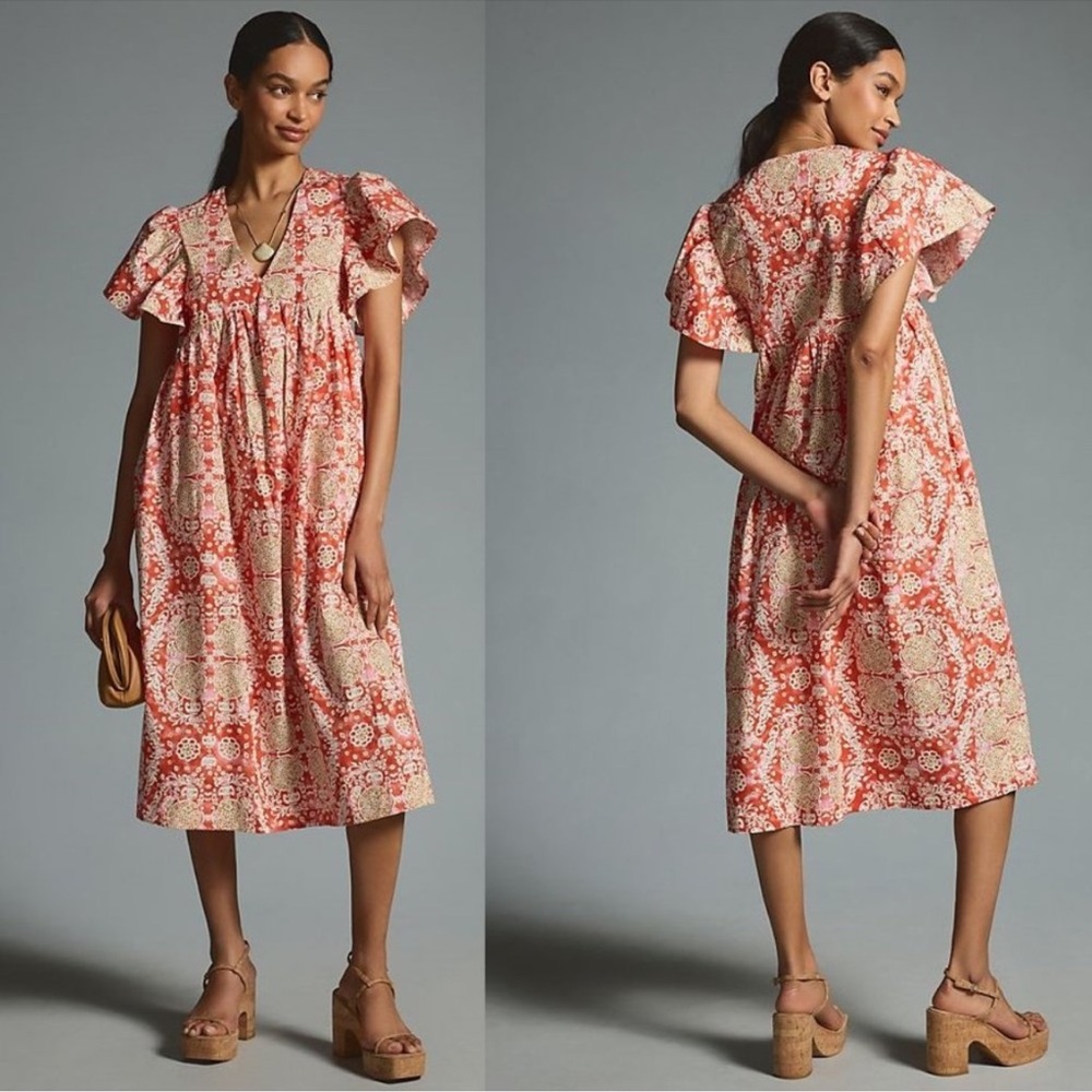 NWT Anthropologie Maeve‎ Printed Flutter-Sleeve Babydoll Dress Size Medium